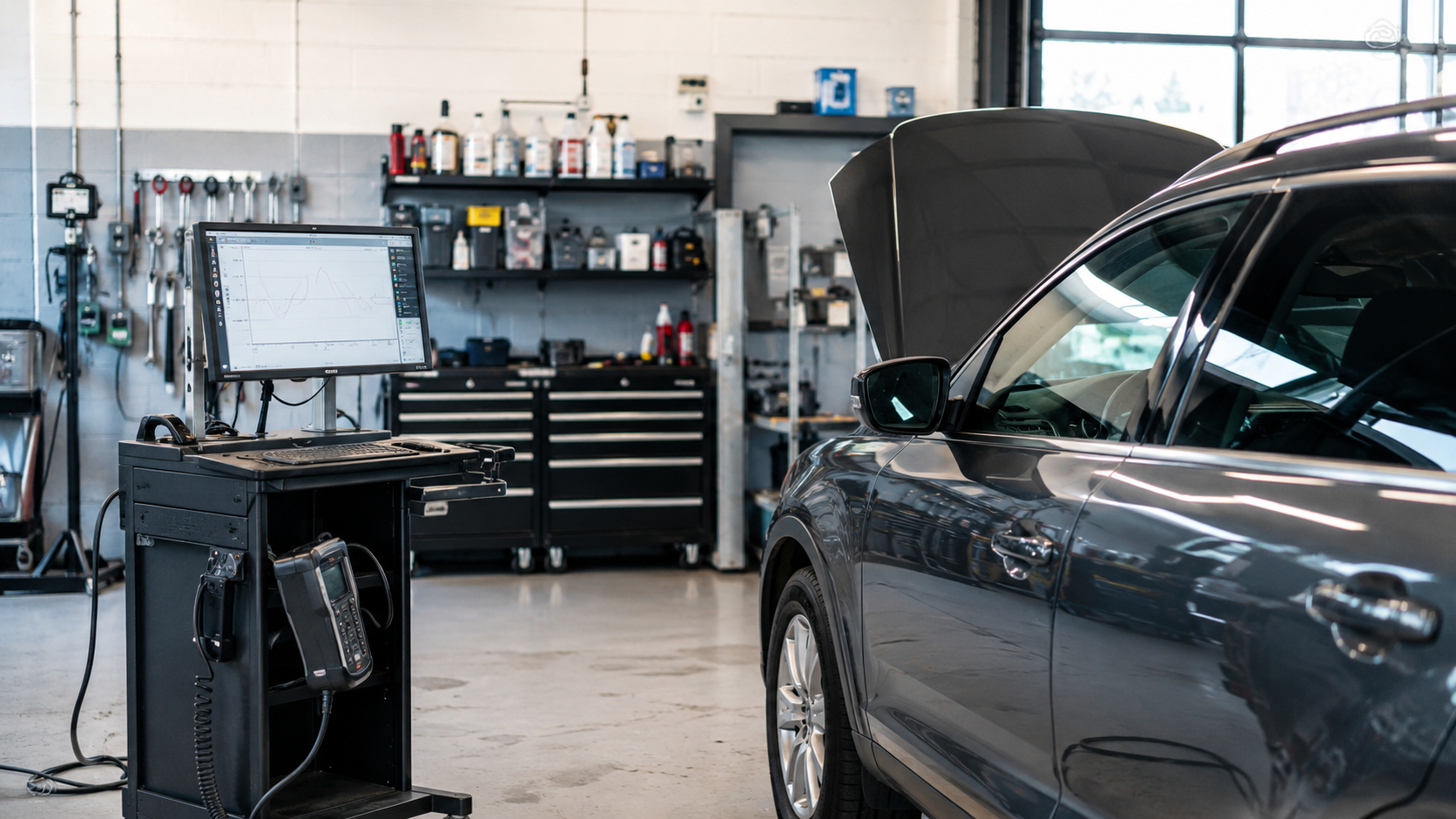 Clean modern automotive workshop with vehicle lift