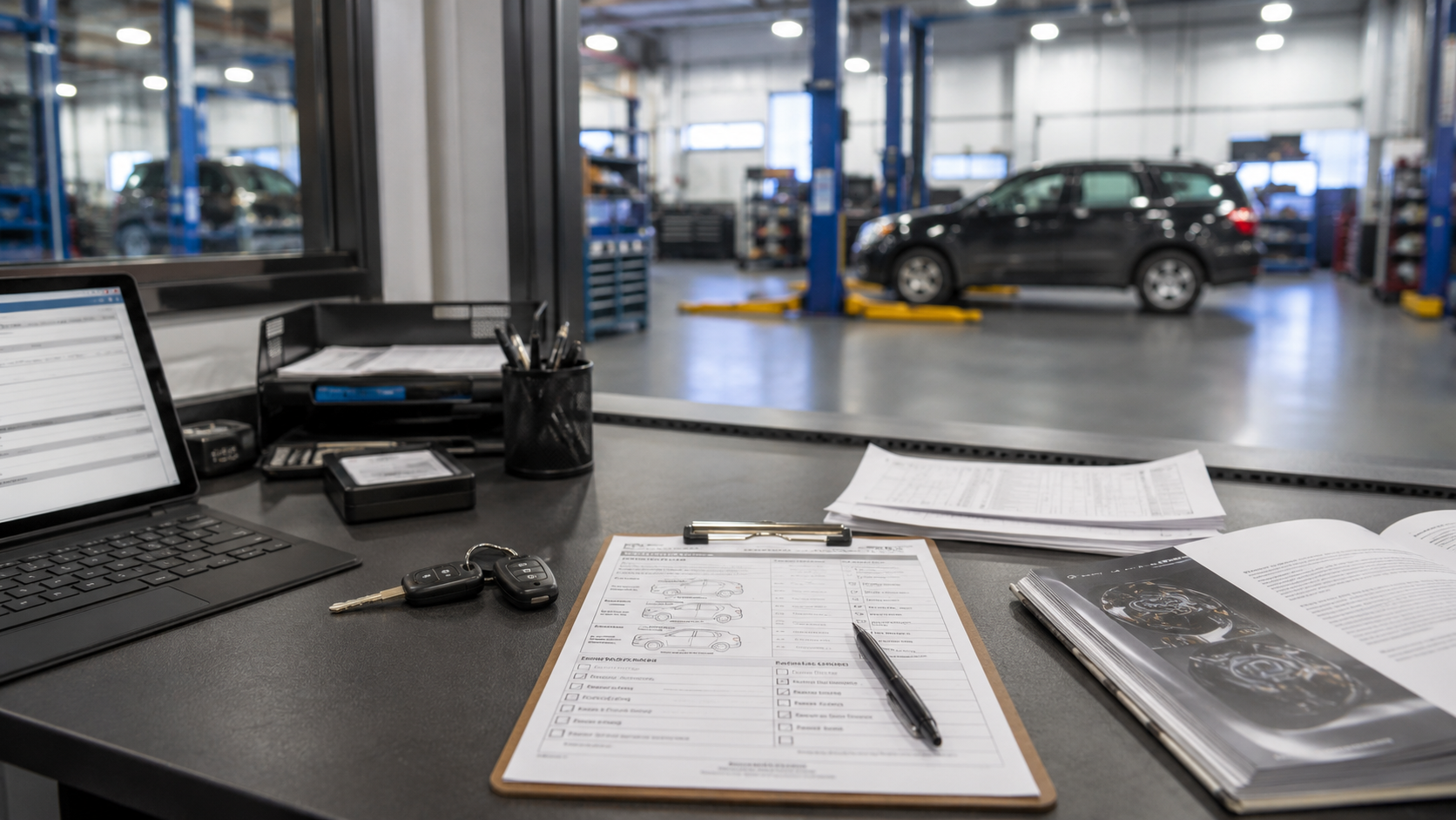 Vehicle inspection paperwork and customer intake desk